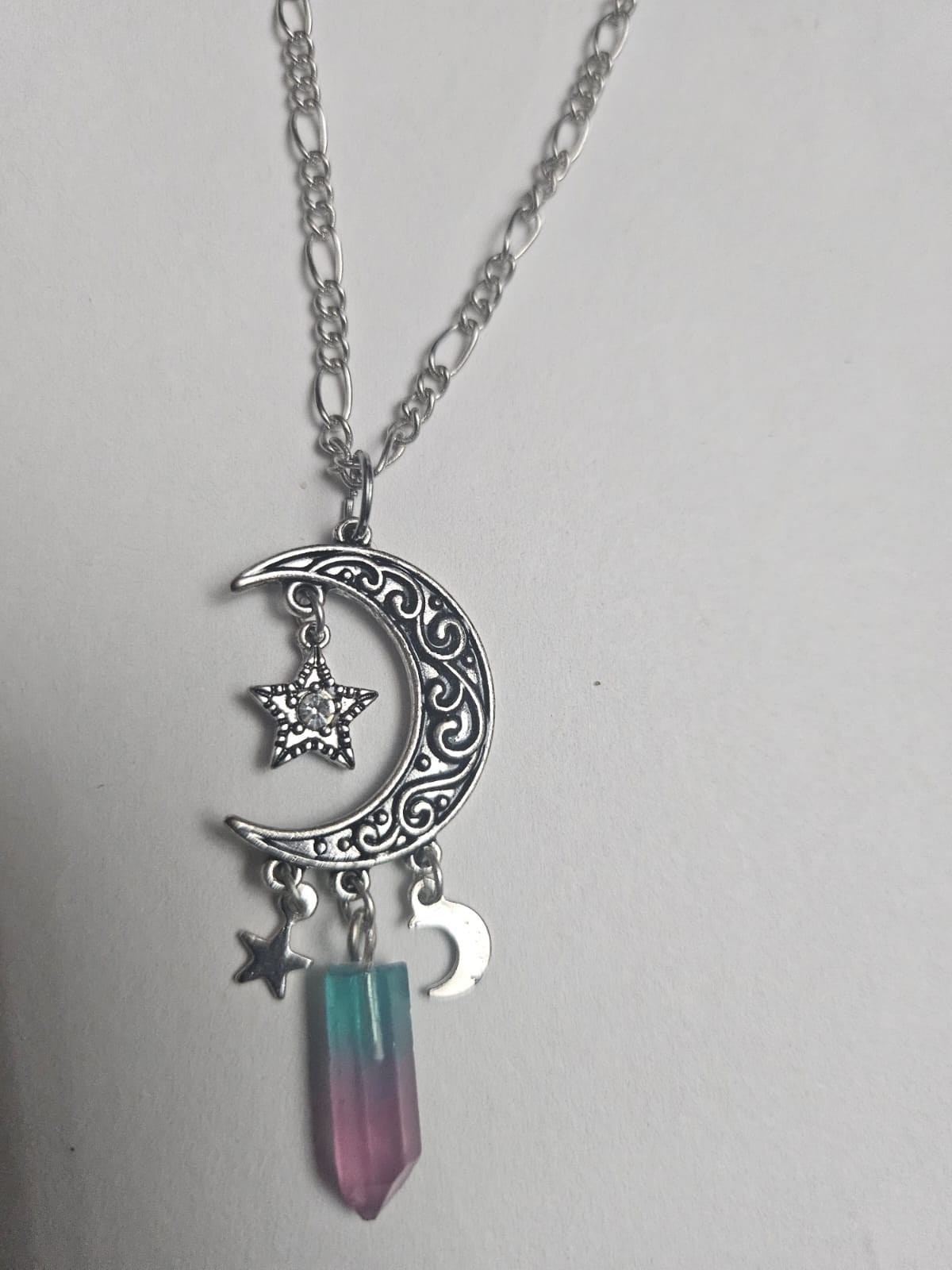 ​Silver Celestial Moon Star Necklace with Blue Purple Crystal Prism