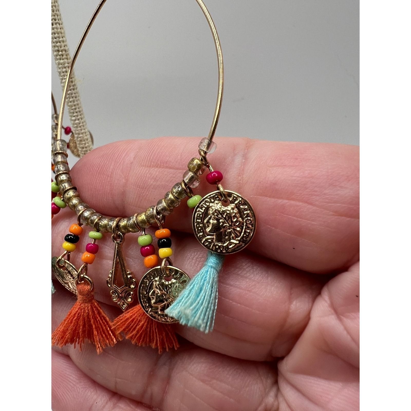 Coin Tassel Hoop Earrings Boho Festival Gypsy Teal Orange Gold Tone 3.5in