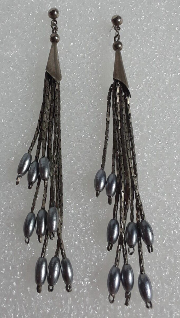 Silver Tone Long Dangle Drop Down Beaded Multiple Strand Earrings 3.25 in