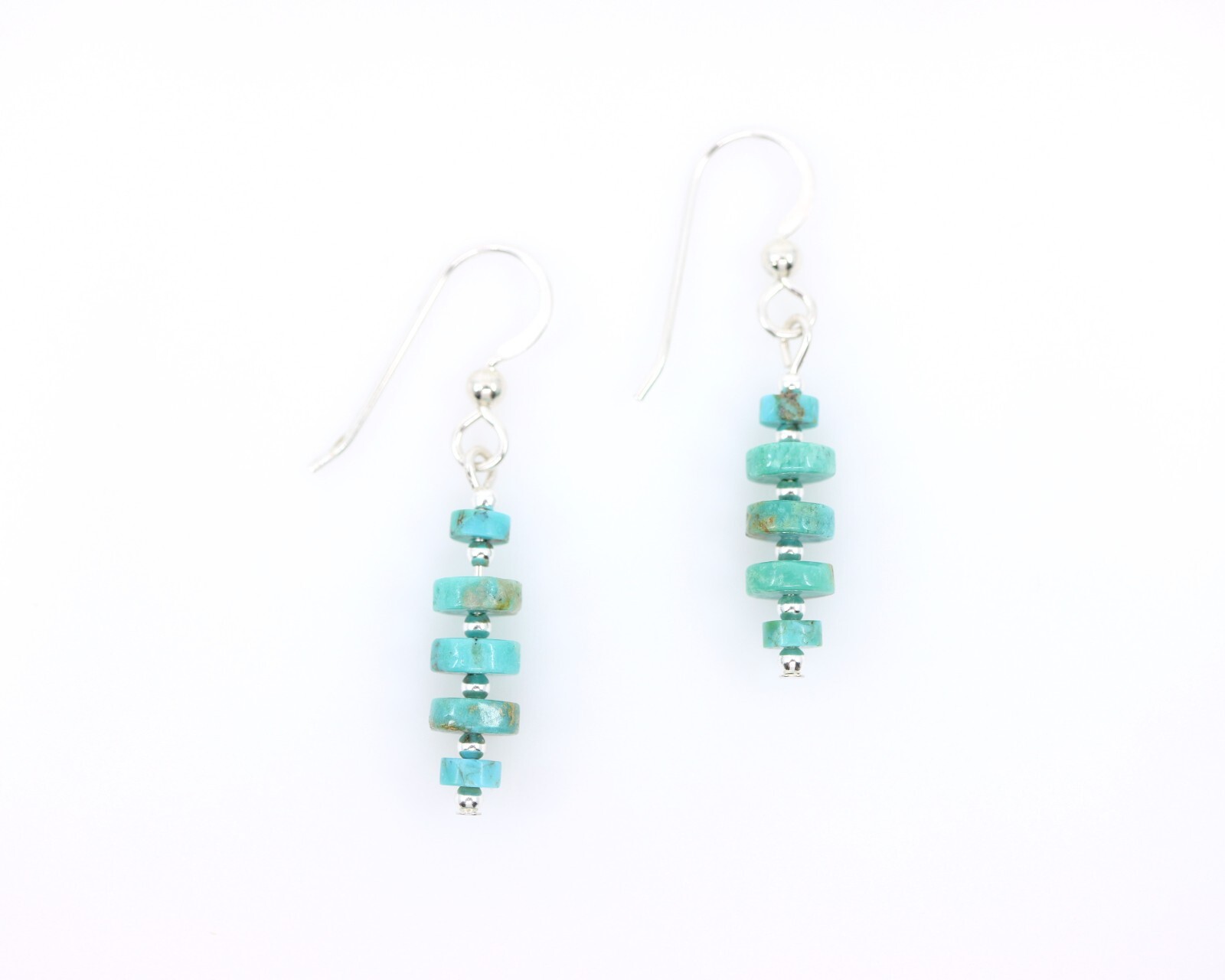 Blue Green Turquoise Heishi Bead Drop Earrings in Sterling Silver or Gold Filled