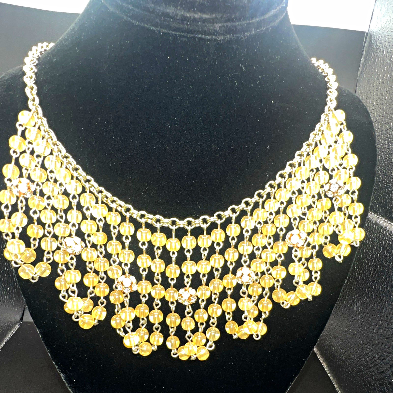 J Crew Gold Tone Bib Statement Necklace Amber Round Glass Beads Crystal Accents