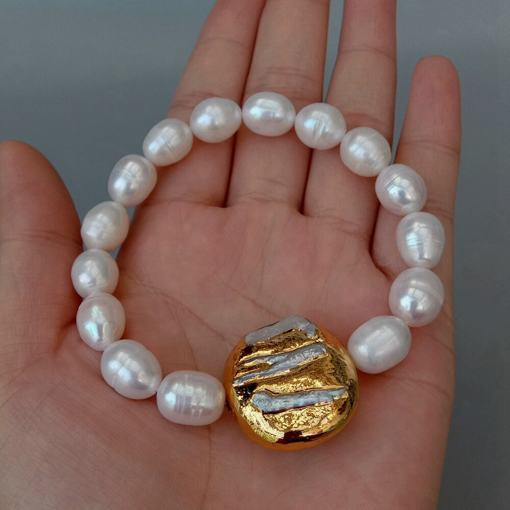 9x11mm White Rice Pearl Biwa Pearl Gold Plated Elastic Bracelet