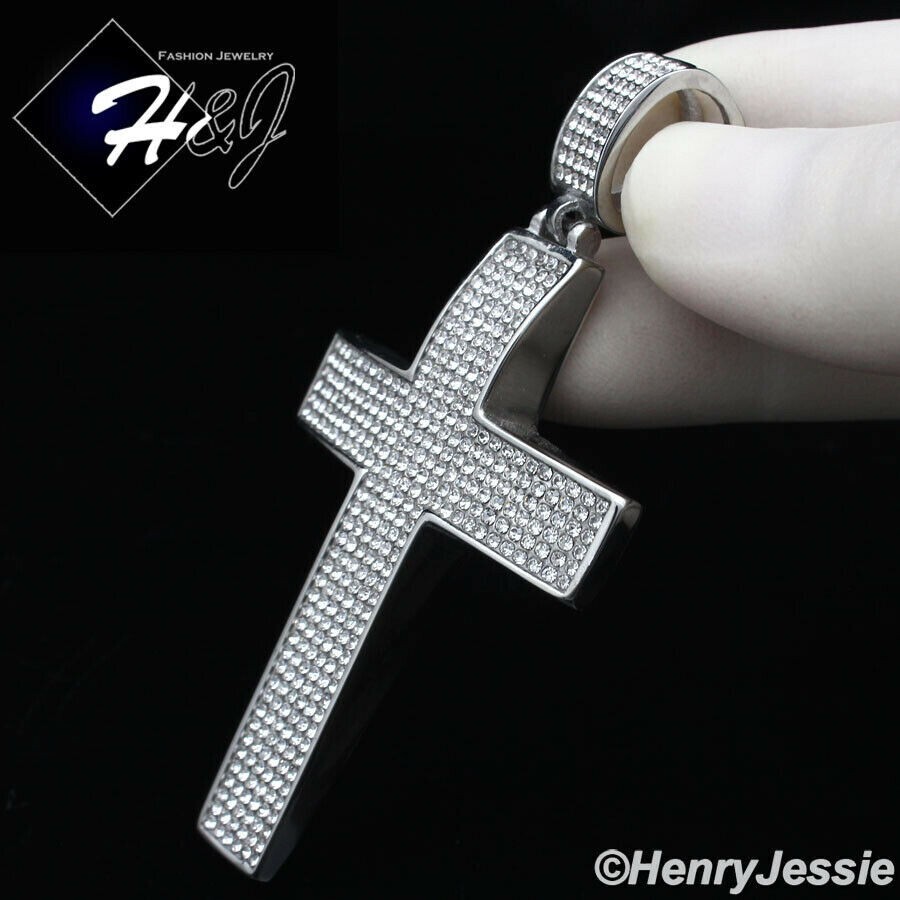 30″MEN Stainless Steel 5mm Silver Box Link Necklace ICY CZ Cross Pendant*IP21
