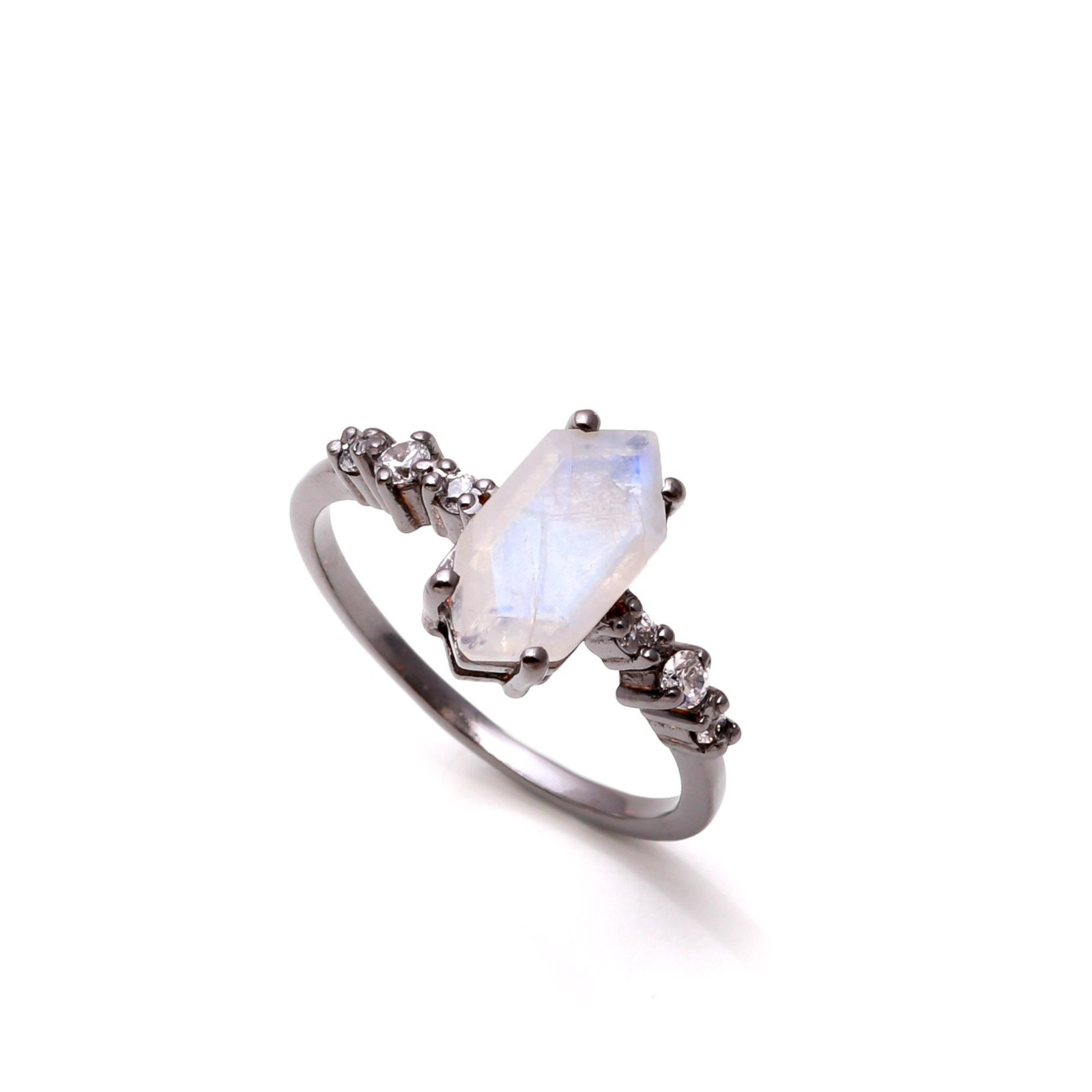 Natural Moonstone Hexagon Ring Black Oxidized 925 Sterling Silver Jewelry