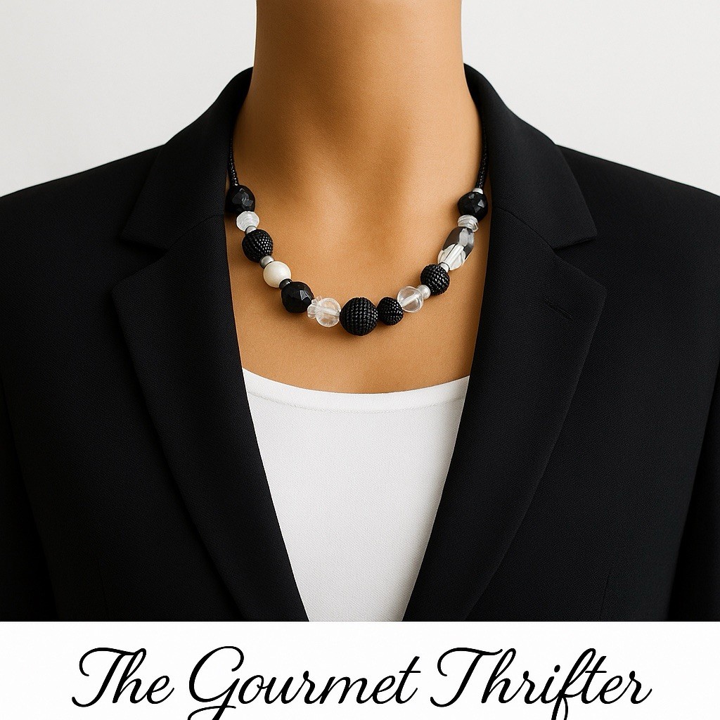 Vintage Bold Baubles Black White Silver Tone Glass Crystal Statement Necklace