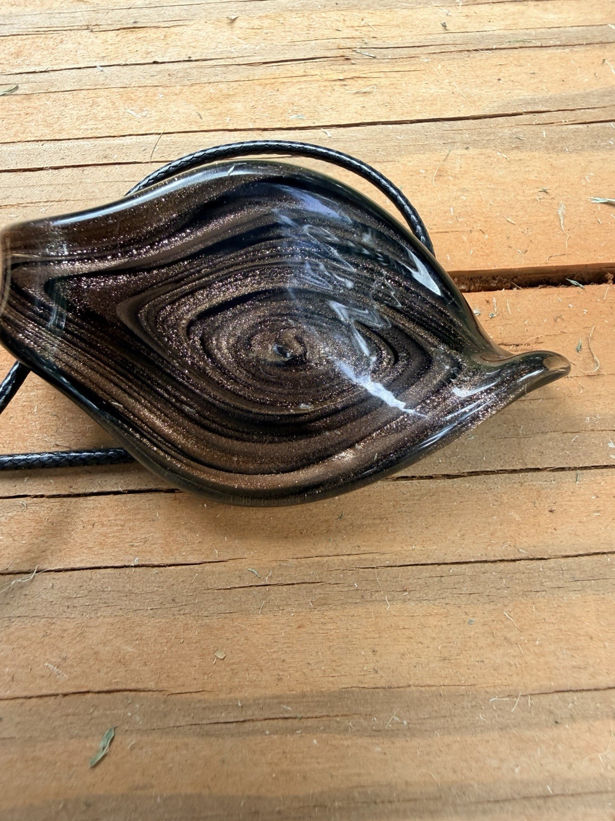 Glass Lampwork Murano Style Black Leaf Pendant on Black Cord Necklace