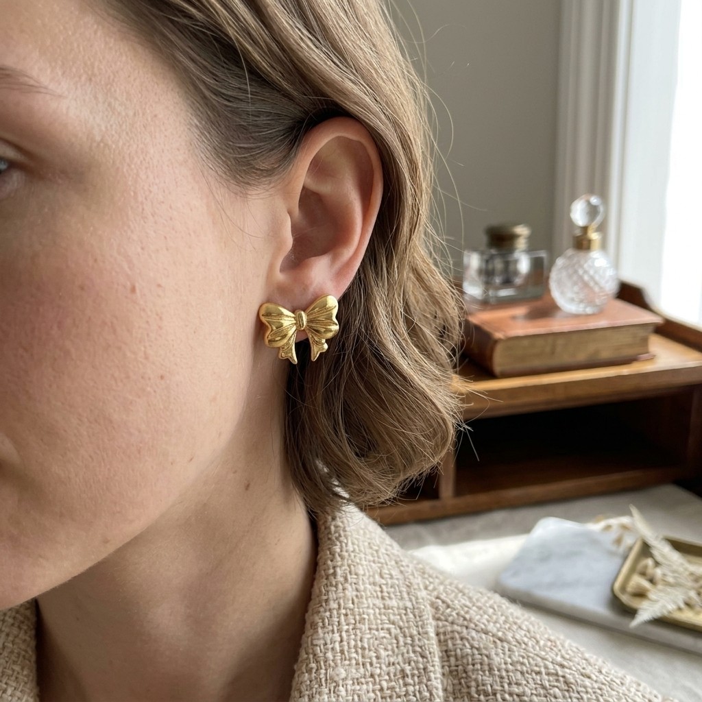 Gold Bow Stud Earrings Classic Vintage Style Women’s Fashion Jewelry
