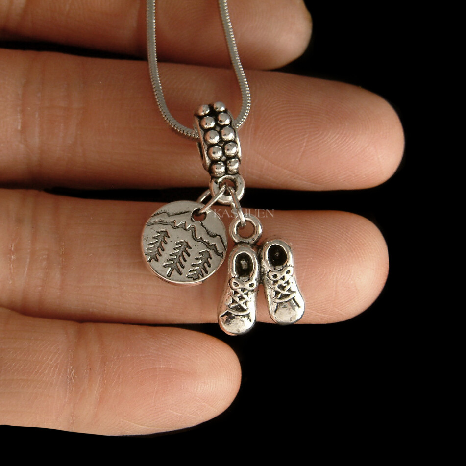 ~Hiker Gifts Mountain Tree Nature Lover Hiking Shoes~ Necklace Outdoor Adventure