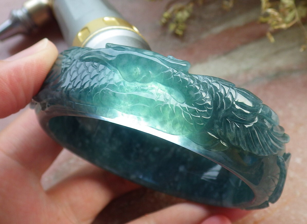 Certified Blue Green A JADE Jadeite Phoenix Bangle Bracelet 62mm 602375 AS