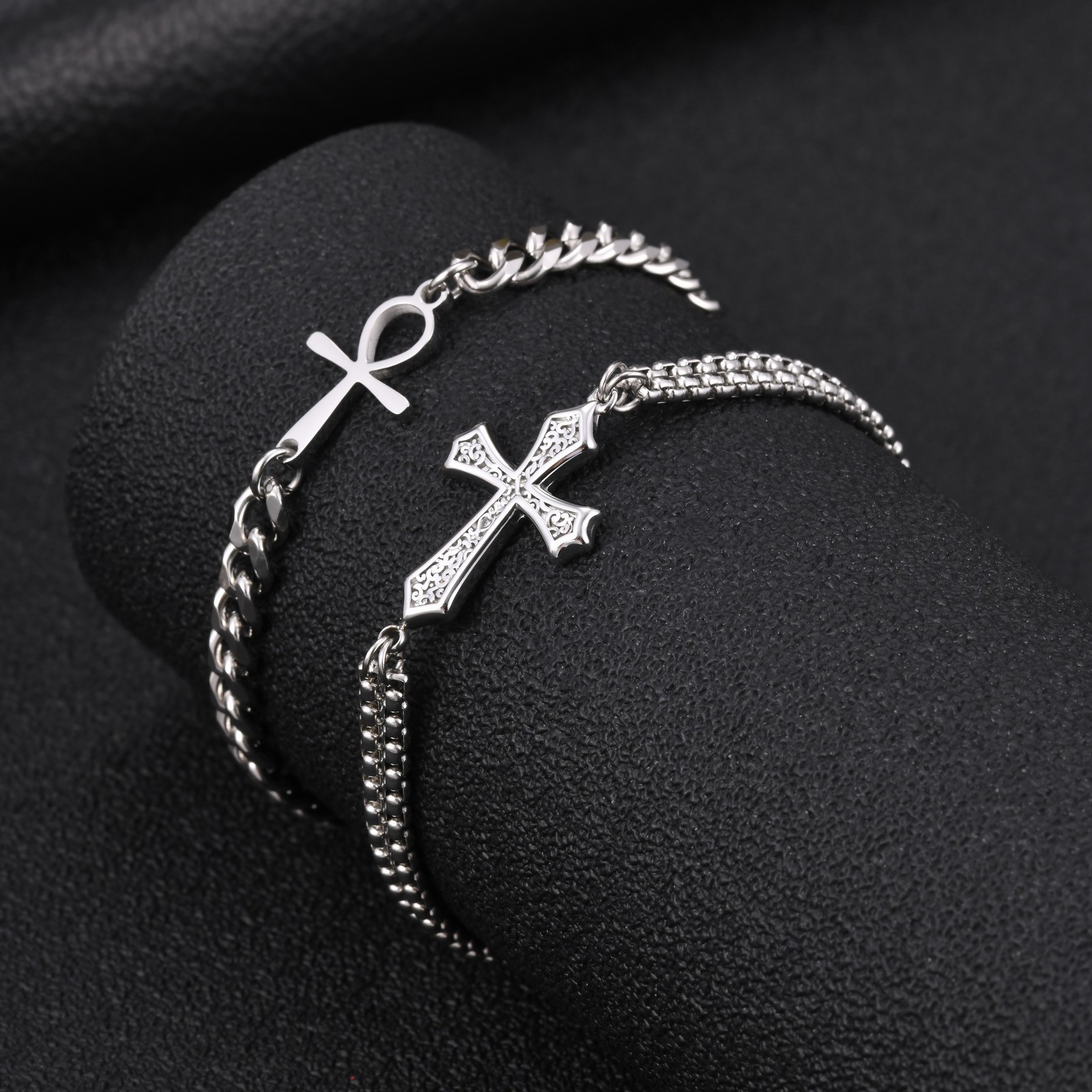 Stainless Steel Silver Cross Pearl Chain Bracelet Religious Gothic Men’s Gift
