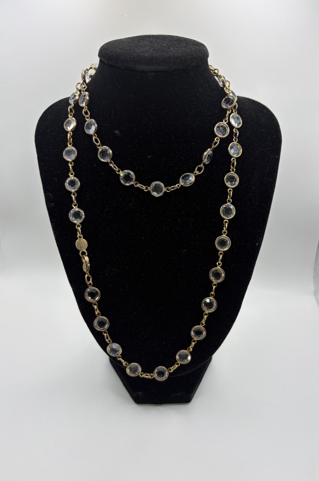 Vintage 1980s Austrian Crystal USA Bezel Station Necklace Gold Tone Long 30″