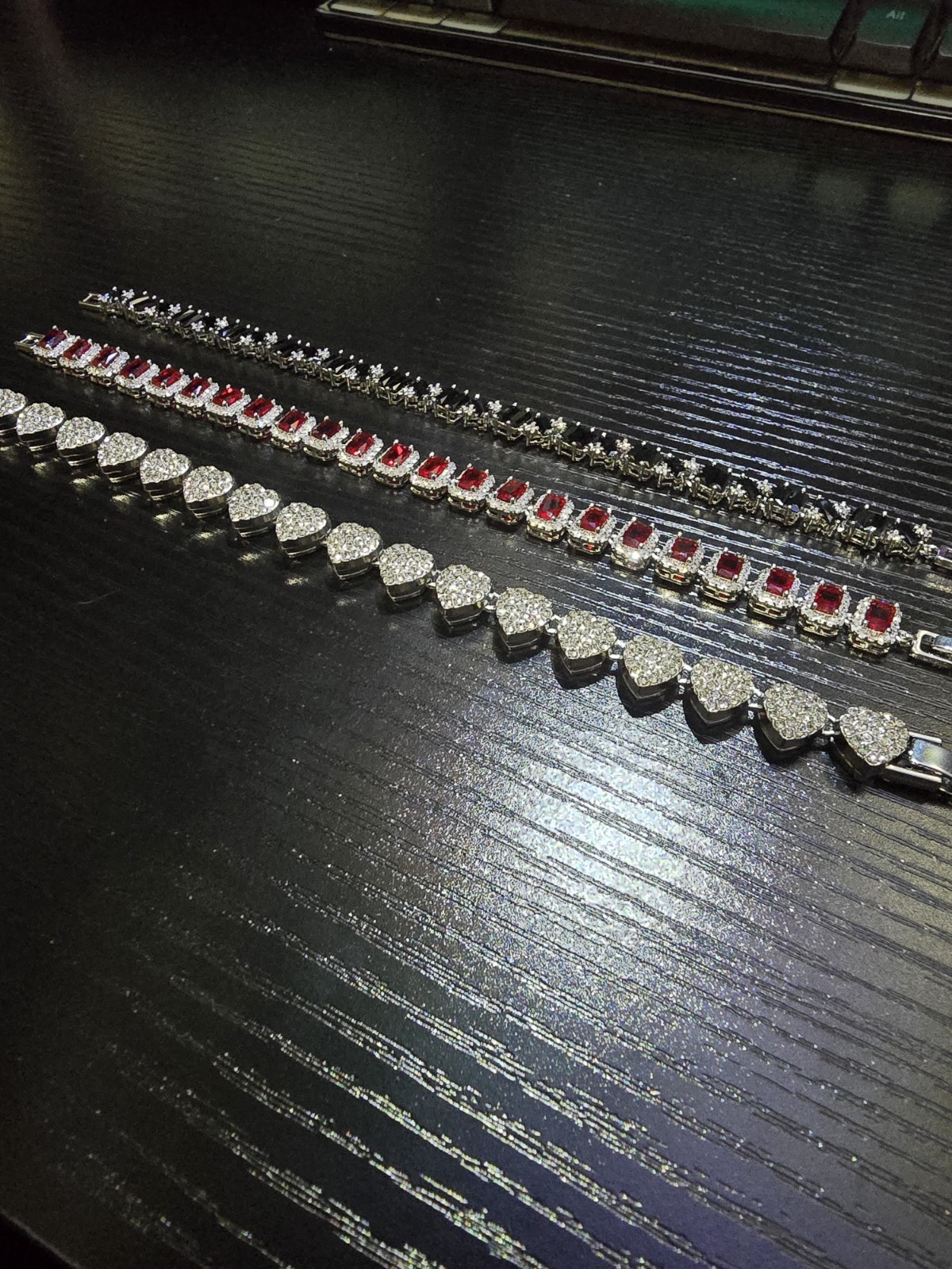 Silver Tone Tennis & Charm Bracelets Red Black Hearts Combo 8in braclet set