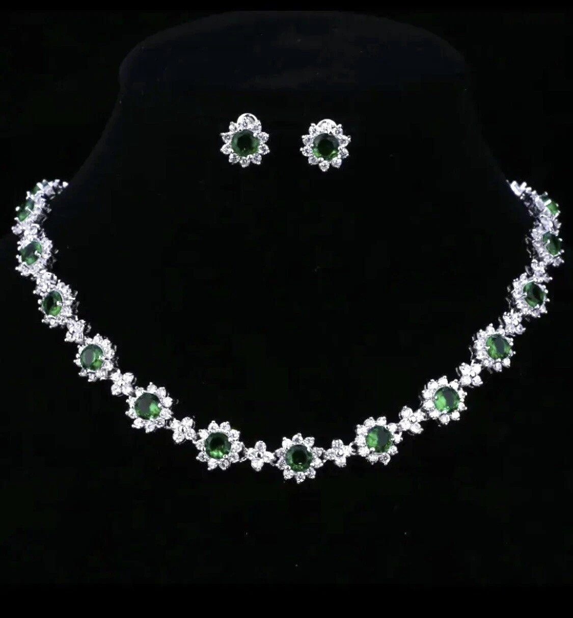 18k White Gold Plated Green Tennis Necklace Earring Set Made Simulated