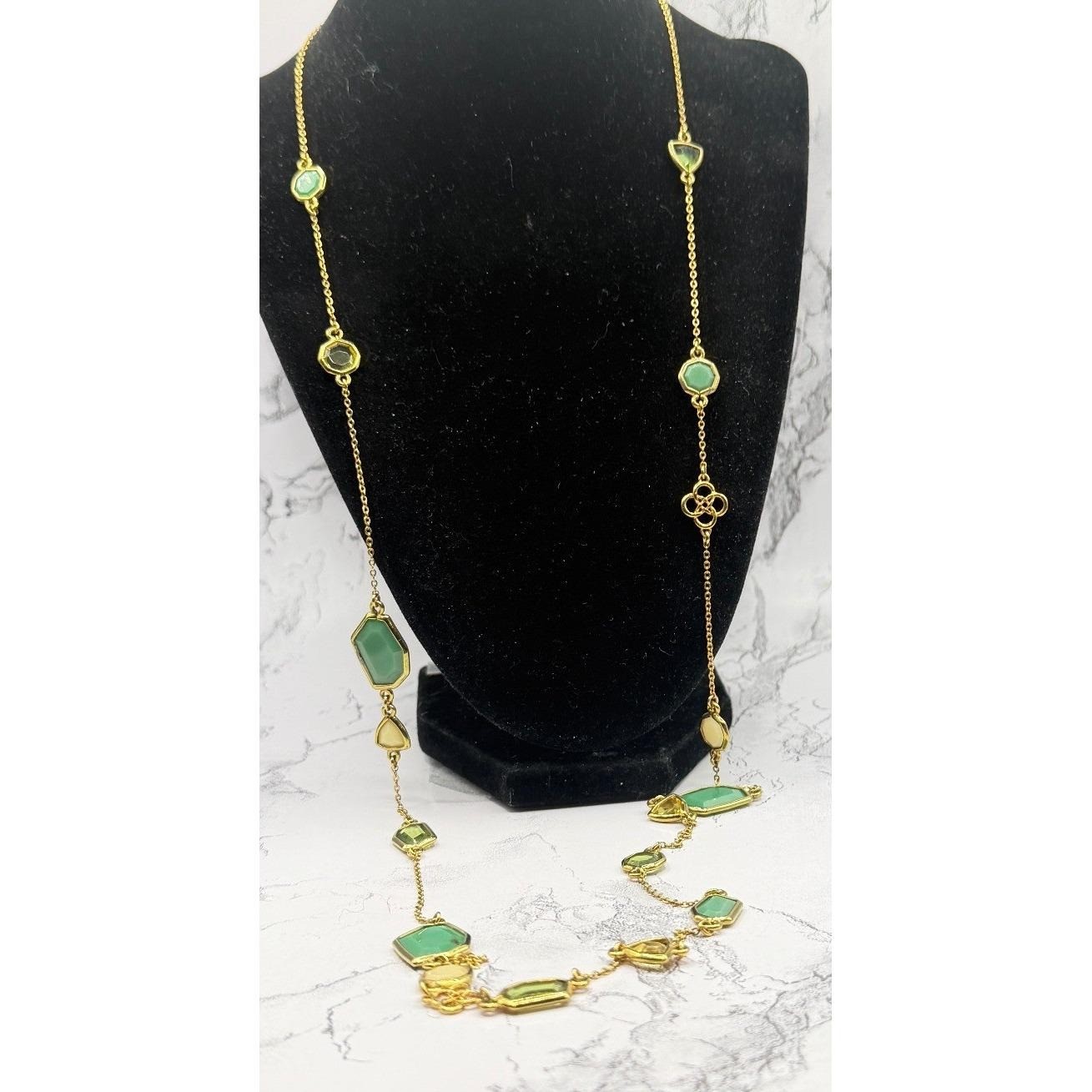 Long Green Stone Necklace Gold Chain 37″ Spring Statement Layering