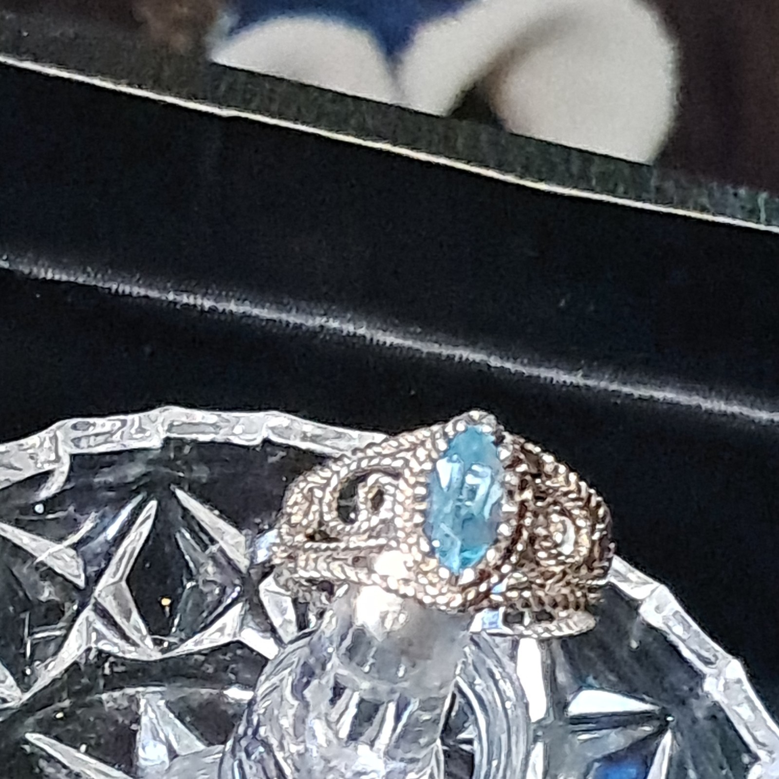 Vintage Avon, Sterling Silver 925 Ring w/Blue Topaz Stone Filigree Band sz. 9