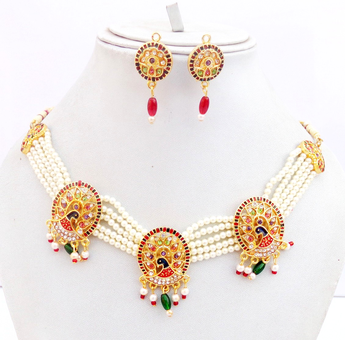 Indian Bollywood Gold Plated Pearl Choker Bridal Necklace Earrings Jewelry Set