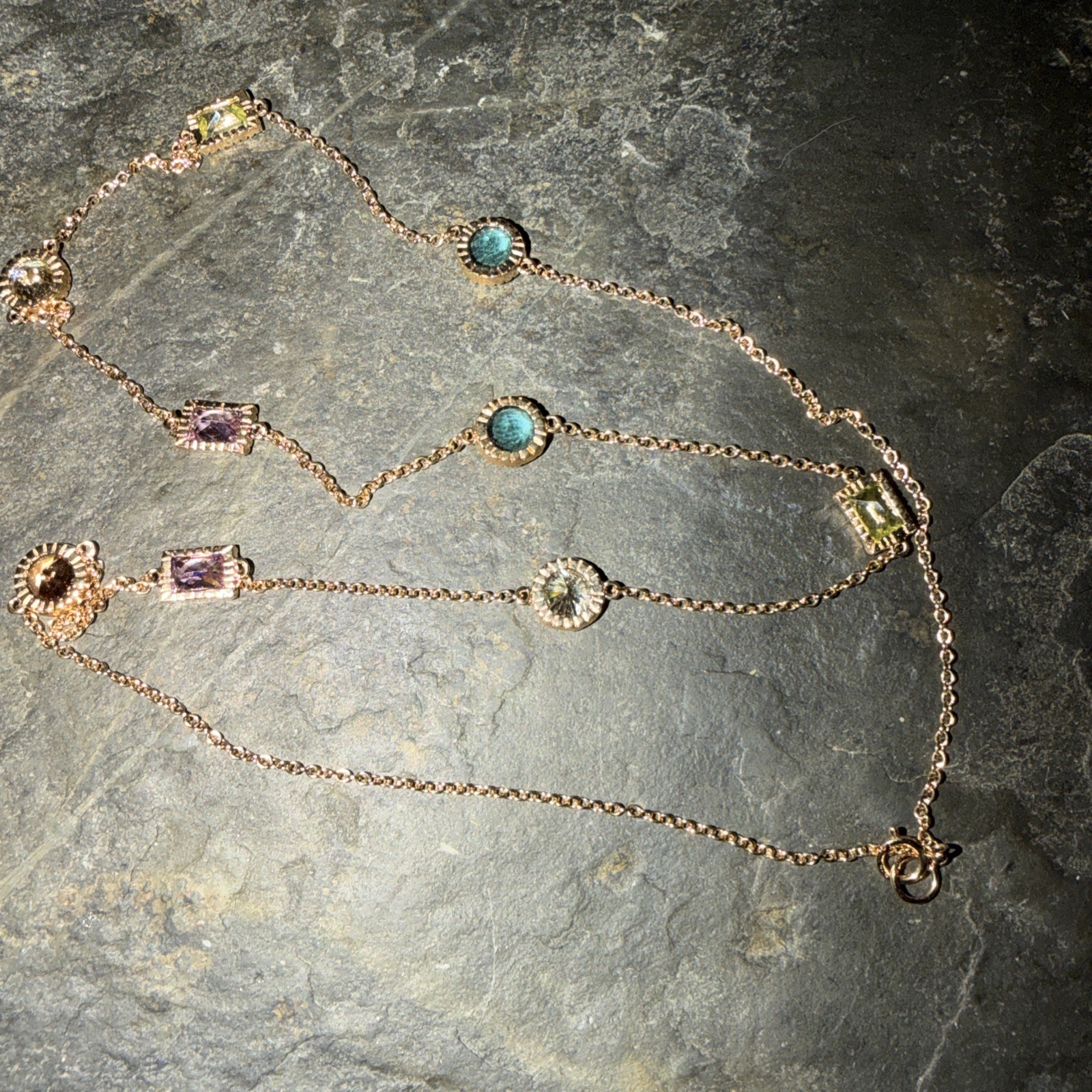 Gold Tone Station Necklace Multi Color Crystal Stations Purple Green Blue Clear