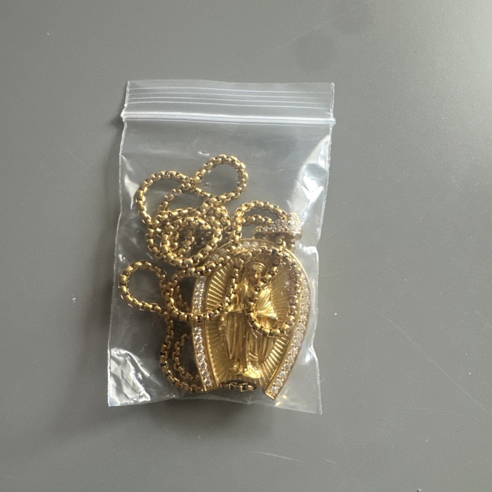 Gold Plated Virgin Mary Stainless Steel Pendant Jesus Cubic Zirconia 24” Chain