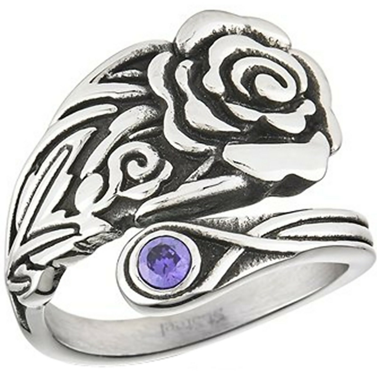Rose Spoon Ring Womens Silver Stainless Steel Purple CZ Garden Flower Boho Band