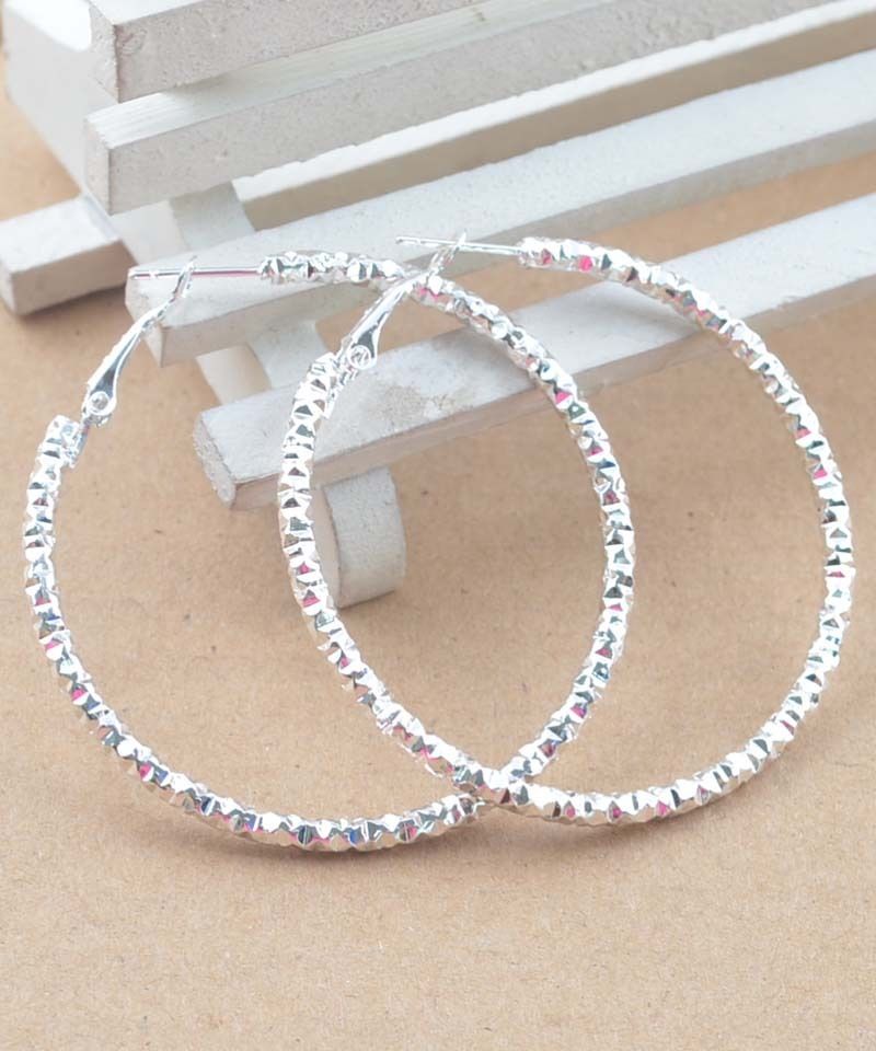 New Nicely Textured Silver Plated 2″ Round Hoop Earrings w/Omega Backs
