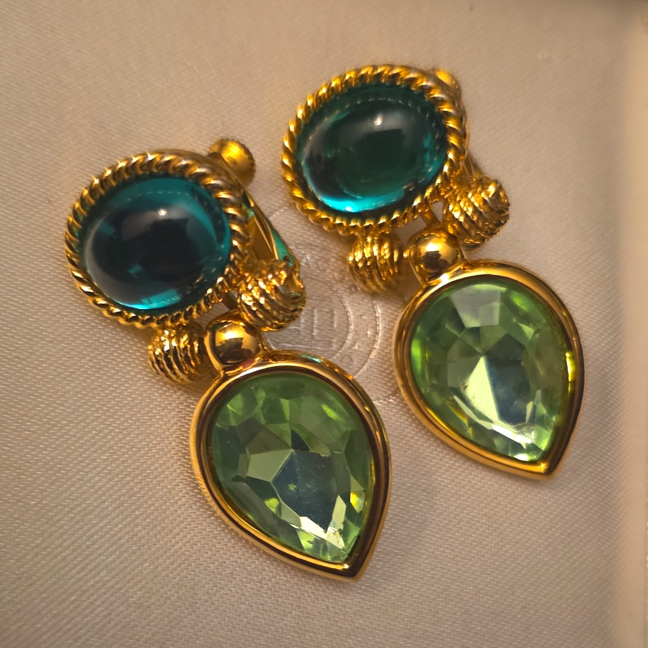 Napier Gold Tone Clip-On Dangle Earrings Green Teardrop Blue Oval Glass Signed
