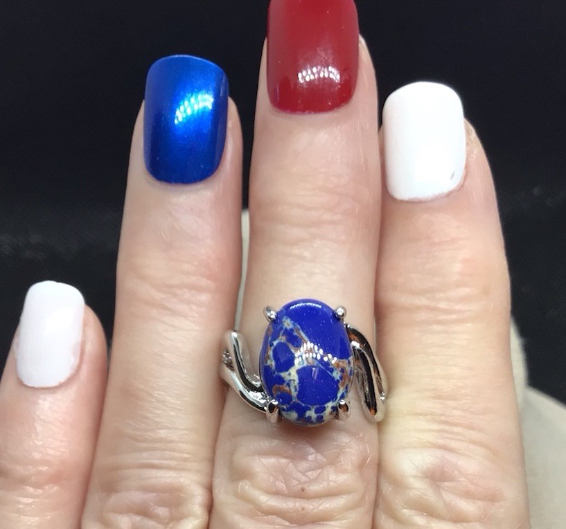 Silver Tone Blue/Tan Line Glass Stone Fashion Ring Sz 7 G387
