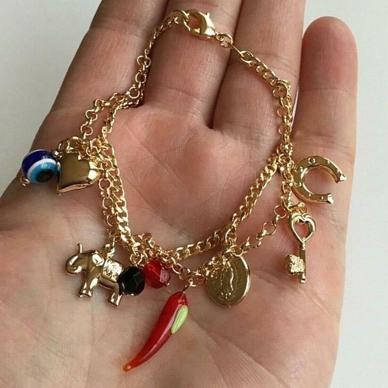 14K Gold Plated Luck,Money,Love Bracelet 7″ Long /Pulsera Suerte,Dinero -B126