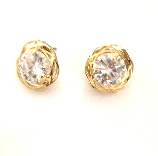Women’s Earrings Pierced Ears Clear Crystal Gold Tone Button Style Scalloped