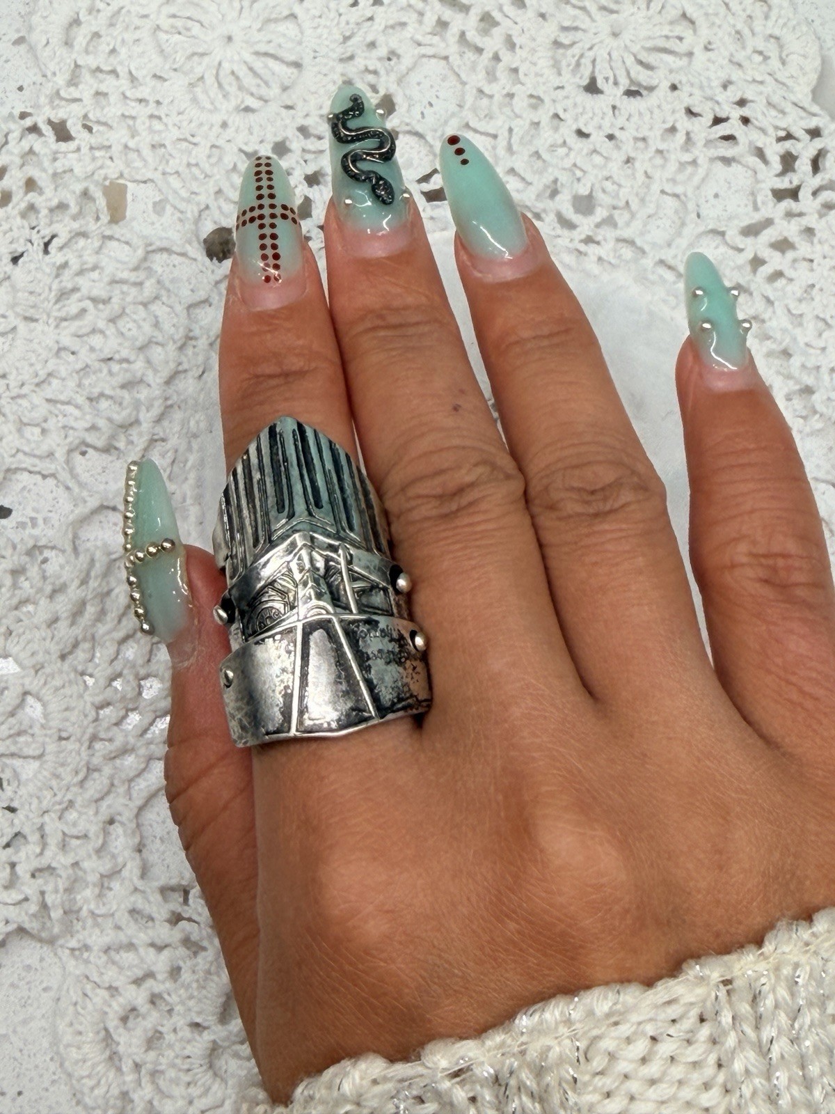 Armor Style Full Finger Adjustable Ring Silver Tone Medieval Theme Costume