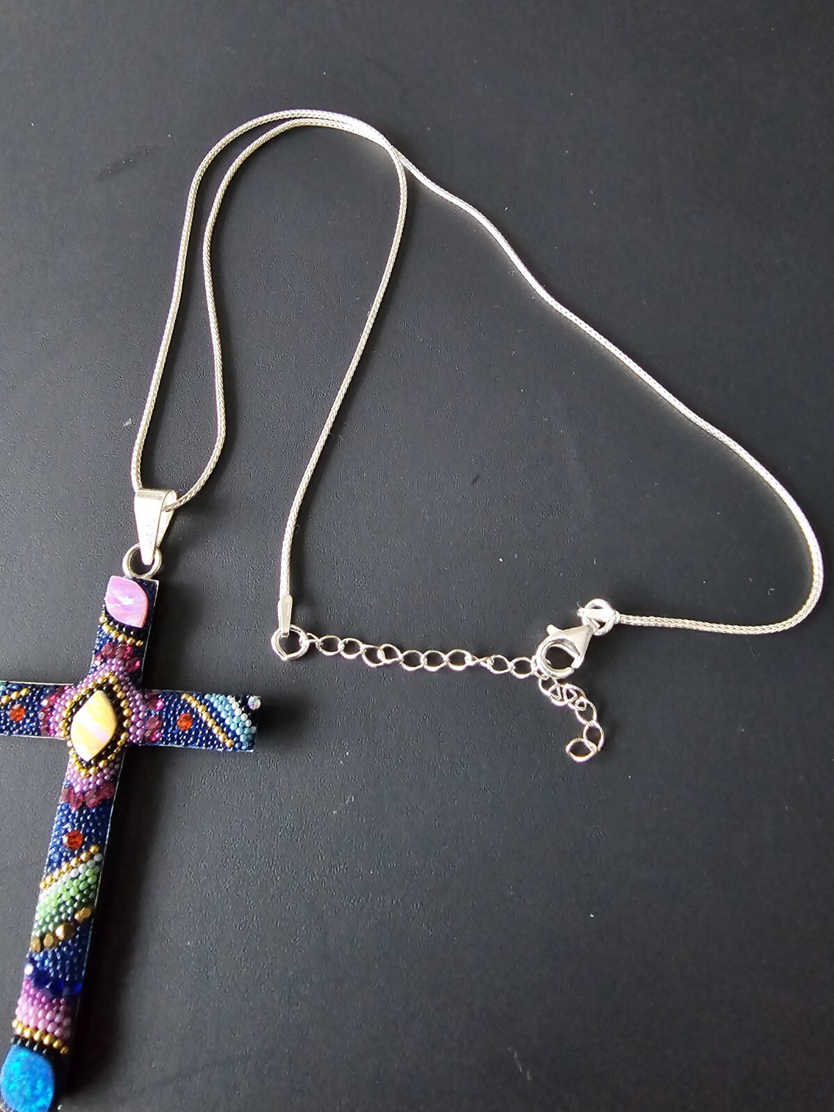 Cross Silver/Multicolored Beaded Man Made Opals W/Ajustable Chain Stamped 925