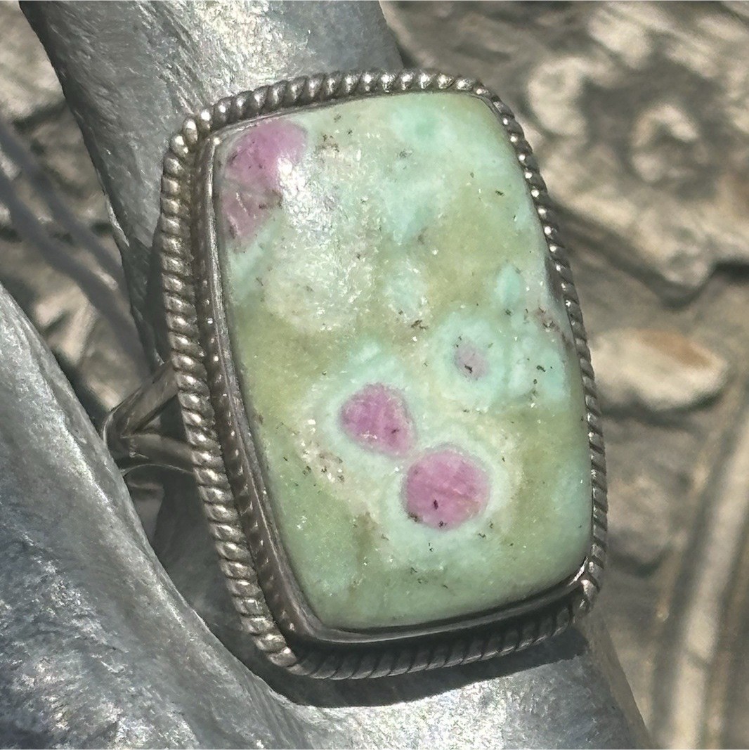 Handmade sterling silver Ruby in fuschite gemstone bezel set ring size 6.5