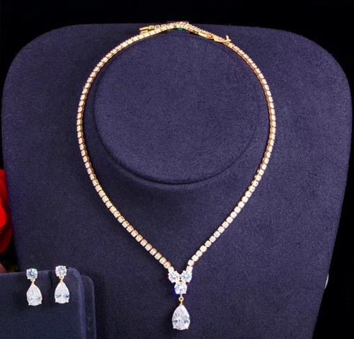 18k Gold Plated Tennis Necklace Earrings Made Simulated Diamond Bridal Jewelry