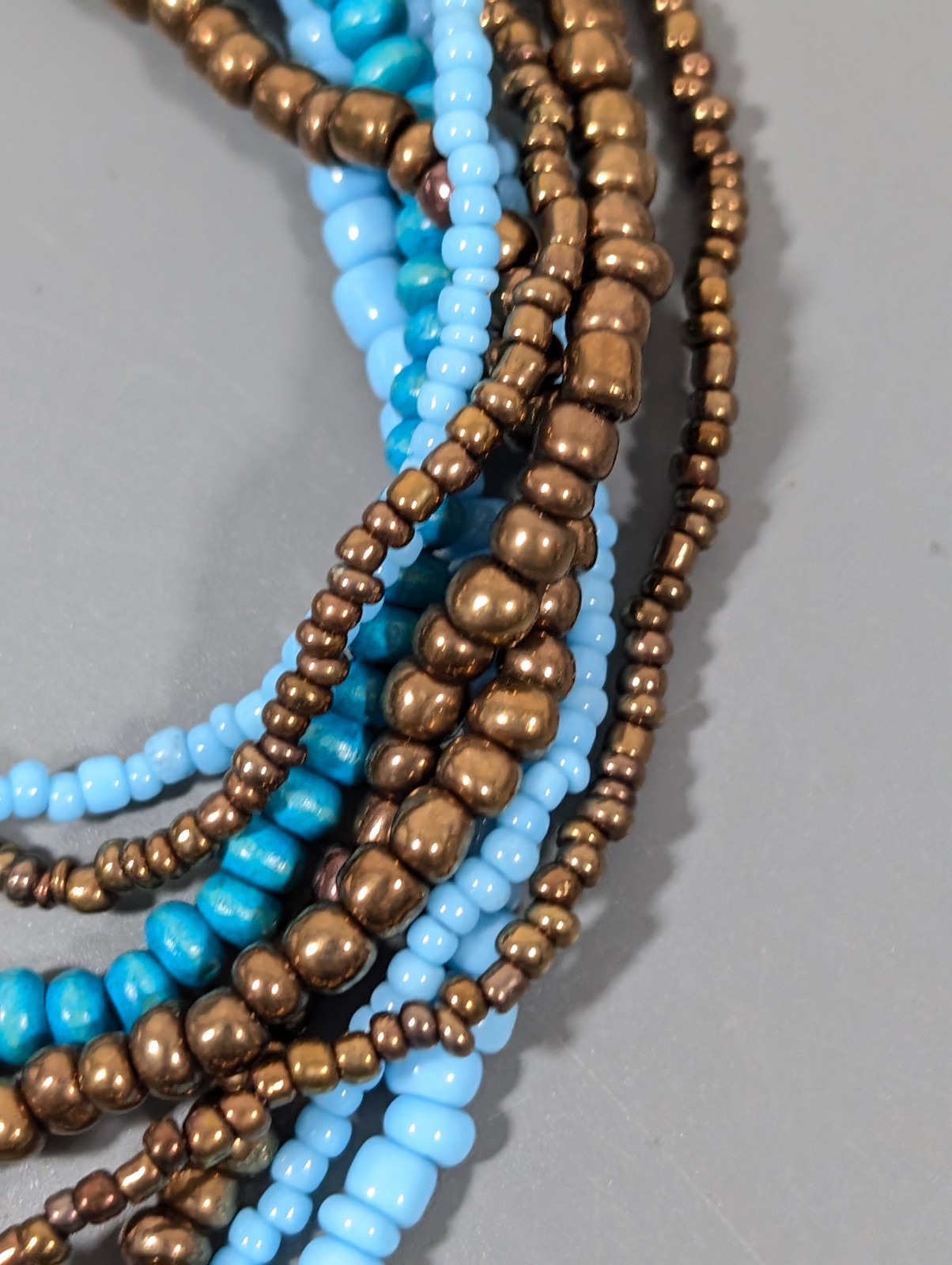 Beachy Boho Tribal Blue Bronze tone Multi Strand Bead Long Necklace 36 in