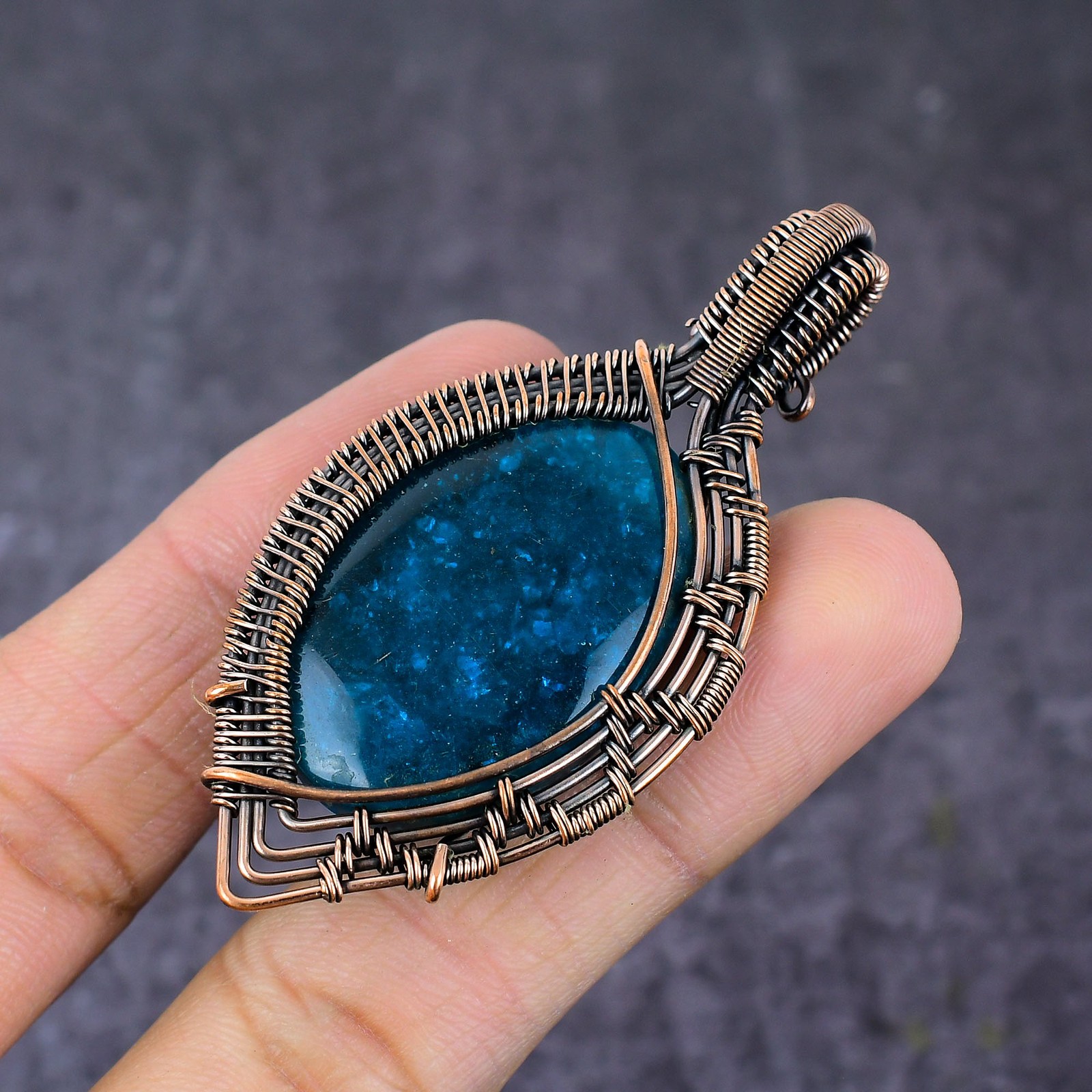 Blue Amber Gemstone Handmade Copper Wire Wrap Gift Jewelry Pendant 2.76″ Z630