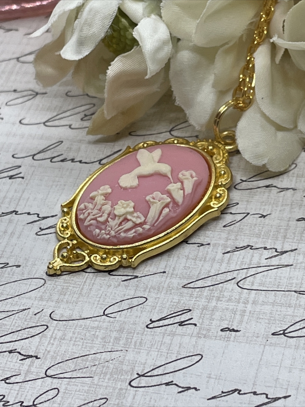 PINK Hummingbird Necklace Heart Cameo Mom Daughter Gold wedding JEWELRY Easter