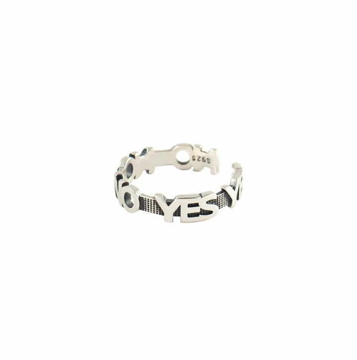 Women Retro Sterling Silver 925 YES NO Letter OPEN Adjustable RING Gift Box