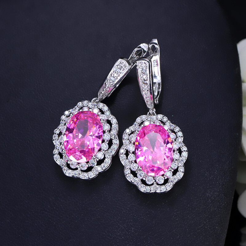 Gorgeous Pink Cubic Zirconia Dangle Drop Earrings Silver Plated Women CZ Jewelry