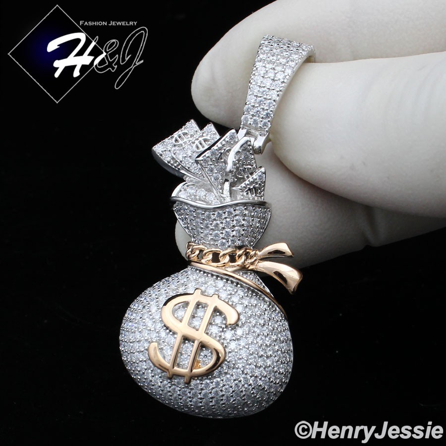 MEN SOLID 925 STERLING SILVER ICY MOISSANITE 3D $ SIGN MONEY BAG PENDANT*MRGP561