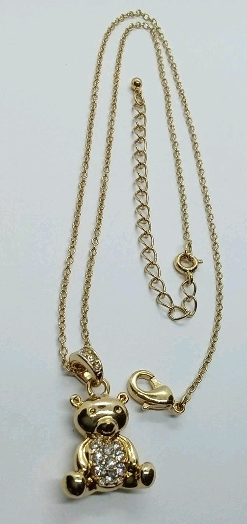 Cute Signed NVC Teddy Bear Goldtone Rhinestone Pendant Necklace #208
