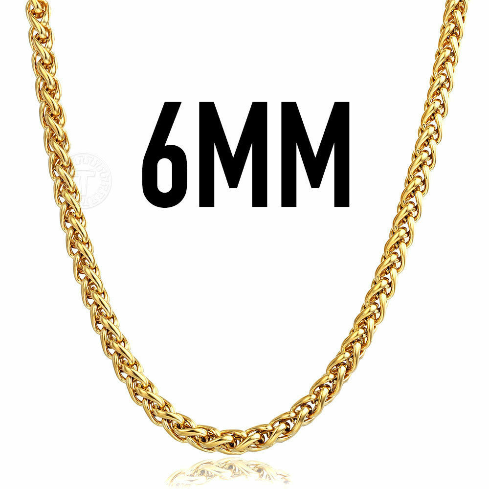 6mm Mens Gold Plated Stainless Steel Wheat Spiga Link Chain Necklace 18″-24″