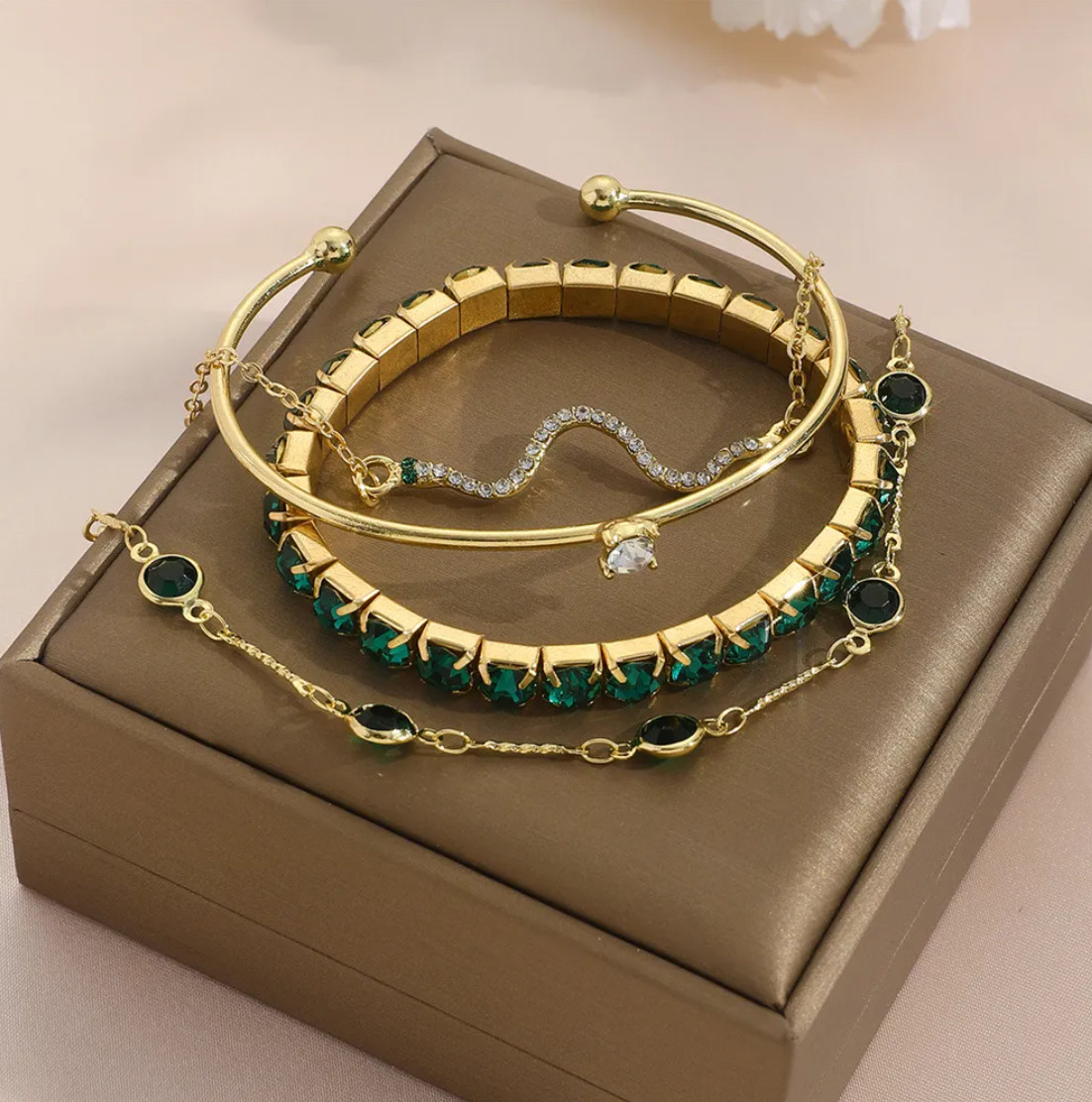 4Pcs Green Crystal Bracelet Set Women Gold Chain Stretch Bangle Jewelry Gift