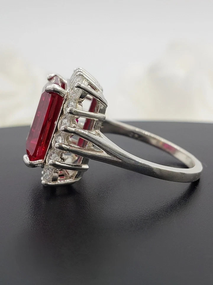 6.80Ct Emerald Cut Natural Ruby Diamond Engagement Ring 14K White Gold Plated