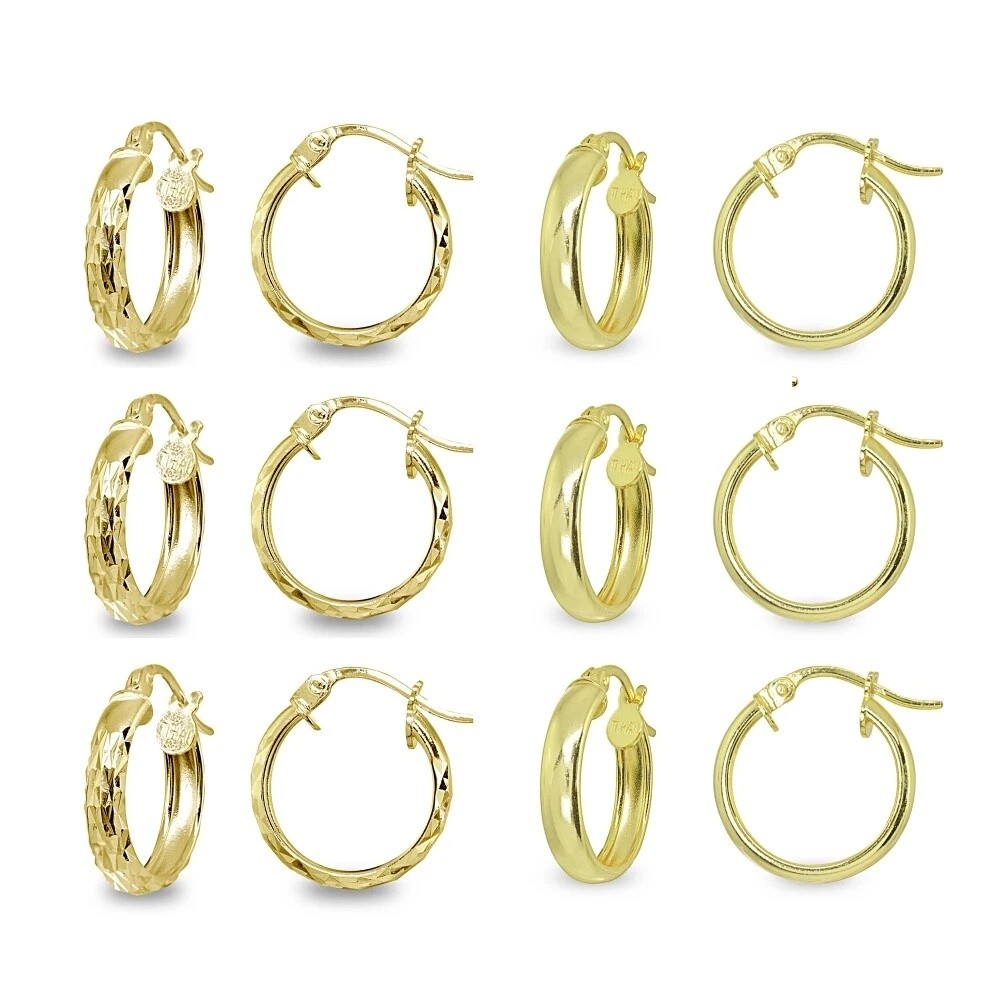 6-Pair 3x15mm Polished & Diamond-Cut Round Gold 925 Silver Hoop Earrings Set