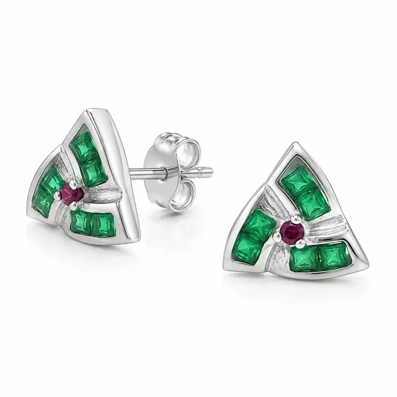 Natural Emerald & Ruby Stud Earrings 925 Silver Geometric May Birthstone Gift