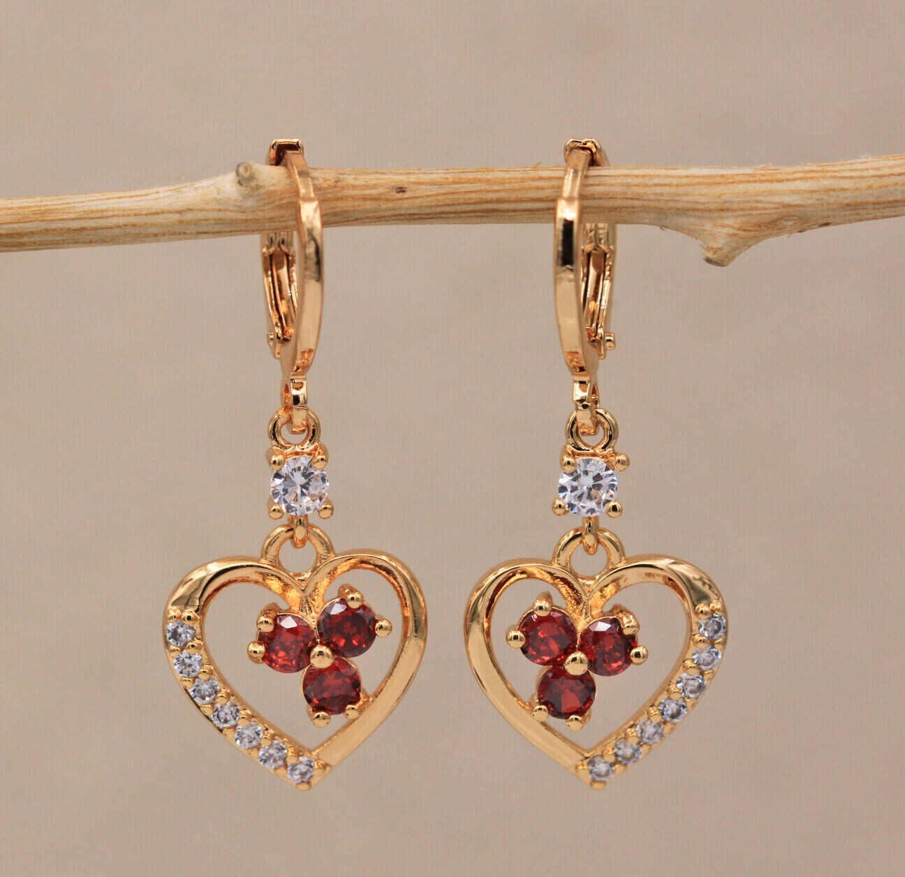 New 18K Yellow Gold Filled Heart w/ Red & Clear CZ Accents Dangle Drop Earrings