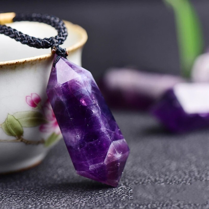 Chevron Amethyst Double Point Pendant Necklace Healing Protection Crystal Gifts