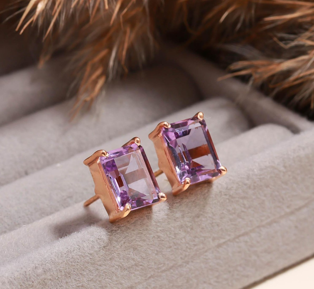 Natural Pink Amethyst Octagon Stud Earrings Rose Gold Fill Solid Silver Jewelry