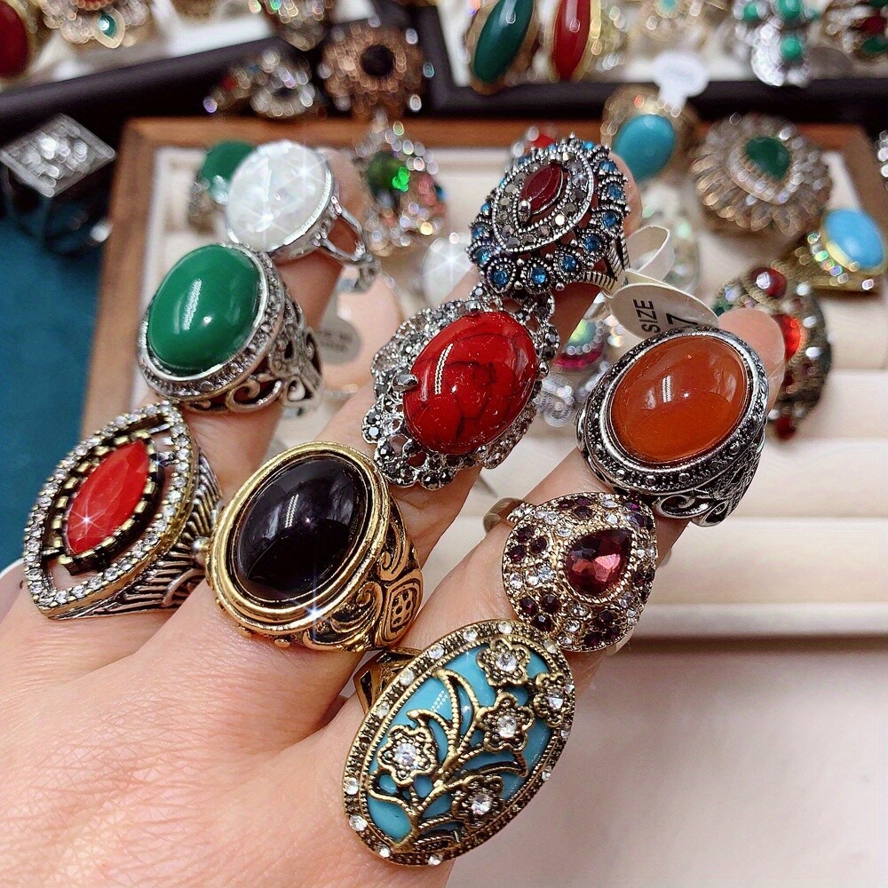 20pcs Mixed Vintage Colorful Gemstone Ring Retro Alloy Finger Deco Ring Bulk Art