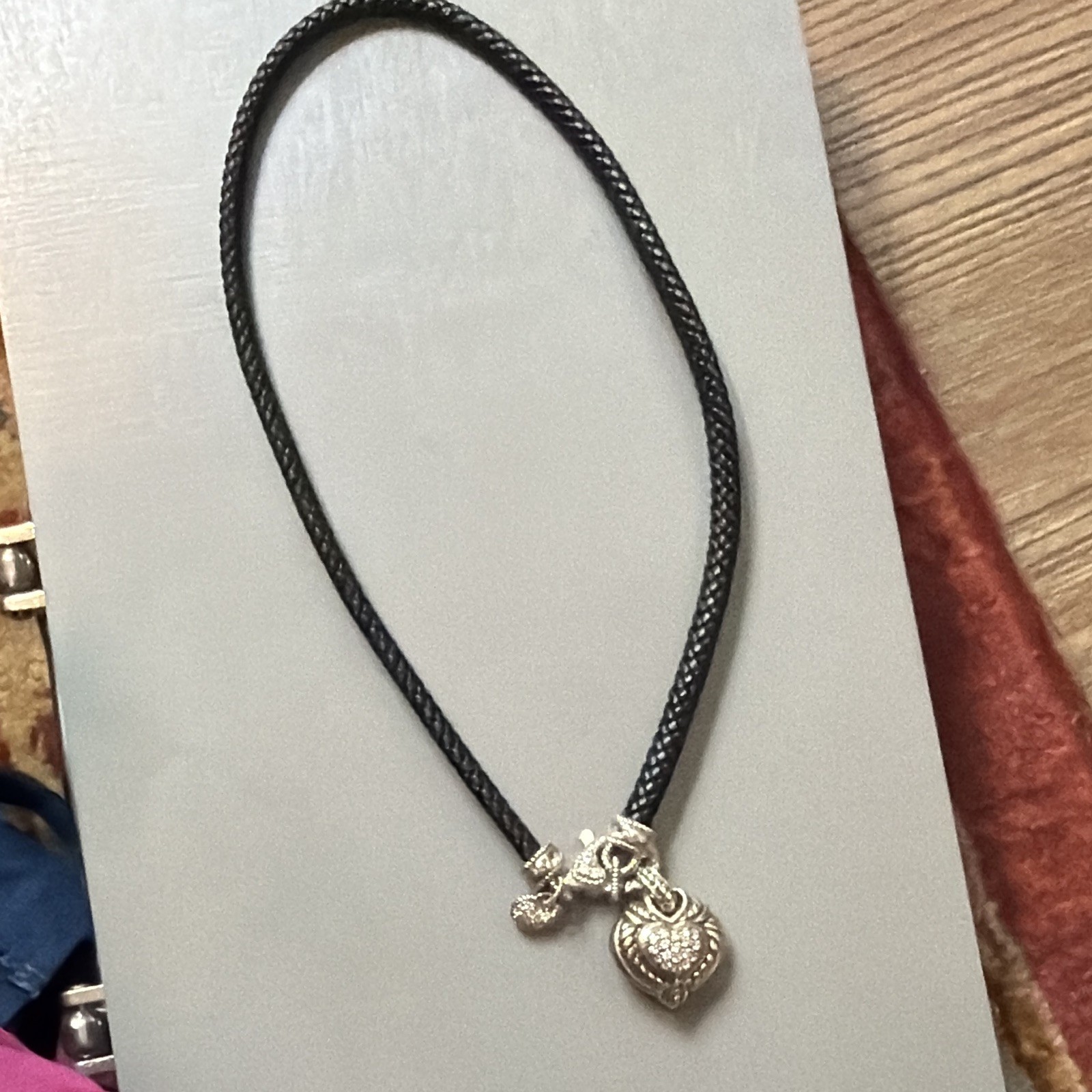 Black Leather Braided Cord Necklace Reversible Silver Heart Charm Pavé Crystal