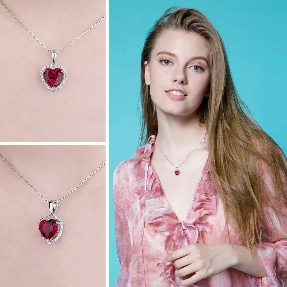 18″ Sterling Silver Red Garnet Spade Heart Crystal Pendant Necklace Gift Box J16